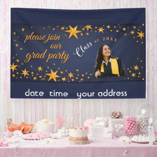 starry gold grad party banner