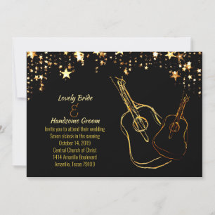 Starry Guitars Gold Black Music Wedding Invitation Kaart
