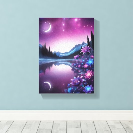 Starry Lake Flower Dream Night View Canvas Afdruk (Insitu (Houten vloer))