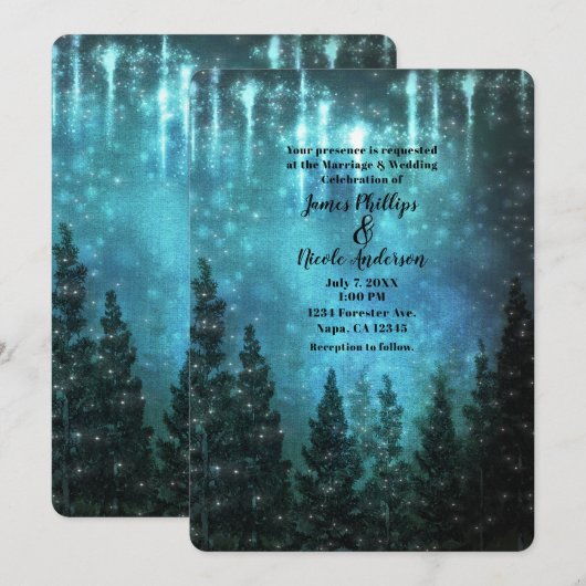 Starry Lights Rustic Pine Trees Country Wedding Kaart (Voorkant / Achterkant)