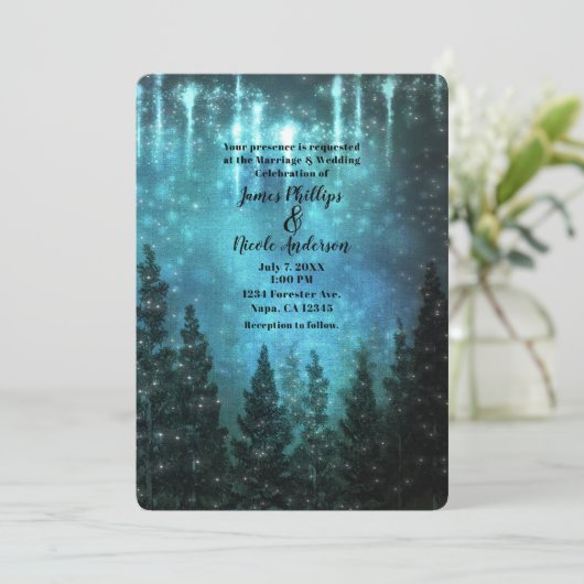 Starry Lights Rustic Pine Trees Country Wedding Kaart (Staand voorkant)