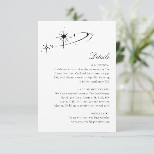 Starry Minimalist Celestial Wedding Details Informatiekaartje (Staand voorkant)
