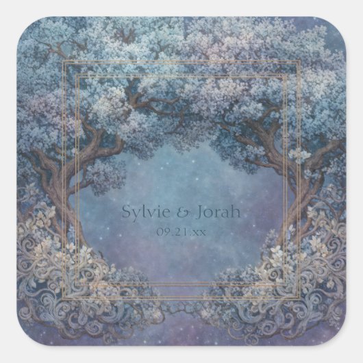 Starry Nebula Night Gnarled Tree Frame Wedding Vierkante Sticker (Voorkant)