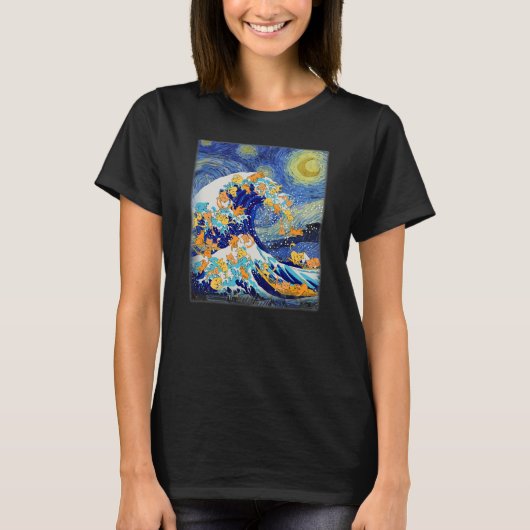 Starry Night and Great Wave Cat Cat Lover Cat Mom T-shirt (Voorkant)
