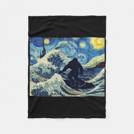 Starry Night Bigfoot Surfing Great Wave Off Kanaga Fleece Deken (Voorkant)