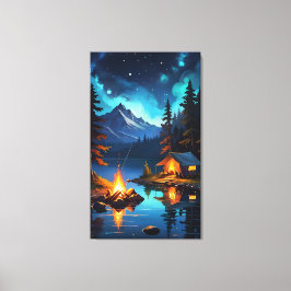 Starry Night Camping by the Lake Canvas Afdruk