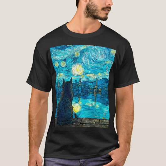 Starry Night Cat Art – Van Gogh Style Night  T-shirt (Voorkant)