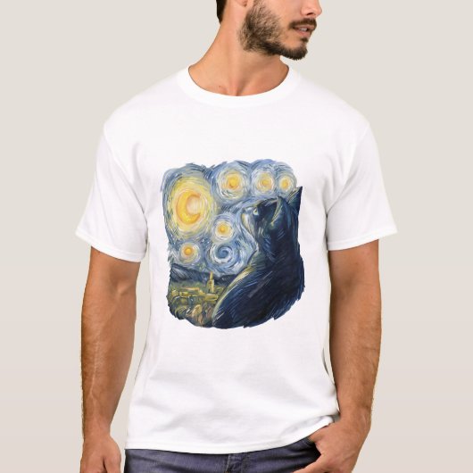 Starry Night Cat Artistic Van Gogh Style Art T-shirt (Voorkant)