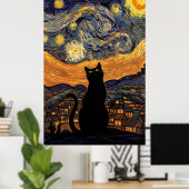 Starry Night Cat Van Gogh Inspired Starry Sky Poster (Thuiskantoor)