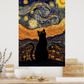 Starry Night Cat Van Gogh Inspired Starry Sky Poster (Keuken)