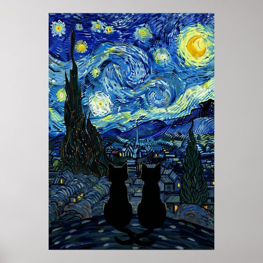 Starry Night Cat Van Gogh Inspired Starry Sky Poster (Voorkant)