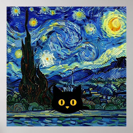 Starry Night Cat Van Gogh Inspired Starry Sky Poster (Voorkant)