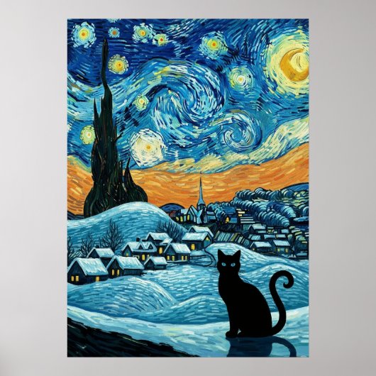 Starry Night Cat Van Gogh Inspired Starry Sky Poster (Voorkant)