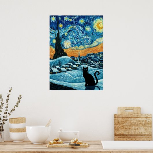 Starry Night Cat Van Gogh Inspired Starry Sky Poster (Keuken)