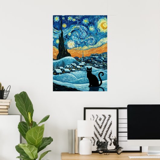 Starry Night Cat Van Gogh Inspired Starry Sky Poster (Thuiskantoor)