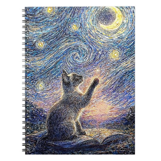 Starry Night Cat – Van Gogh Style Art Notitieboek (Voorkant)