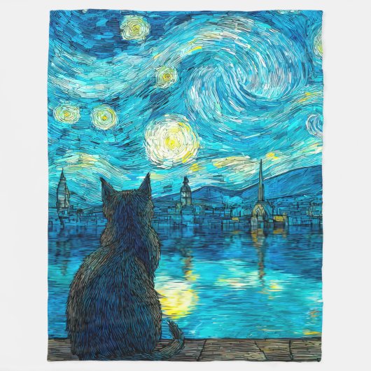 Starry Night Cat – Van Gogh Style Cat Art Fleece Deken (Voorkant)