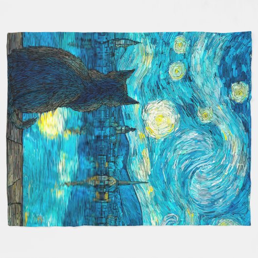 Starry Night Cat – Van Gogh Style Cat Art Fleece Deken (Voorkant (Horizontaal))