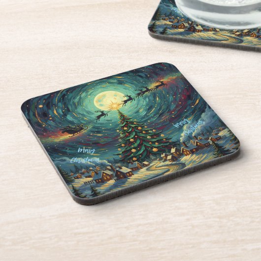 Starry Night Christmas Coaster Set 6 Santa Sleigh Bier Onderzetter (Linkerzijde)