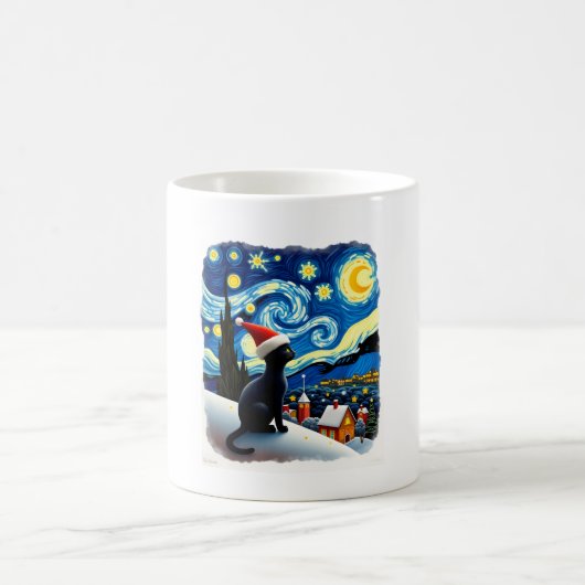 Starry Night Festive Christmas Black Cat Santa Hat Koffiemok (Center)