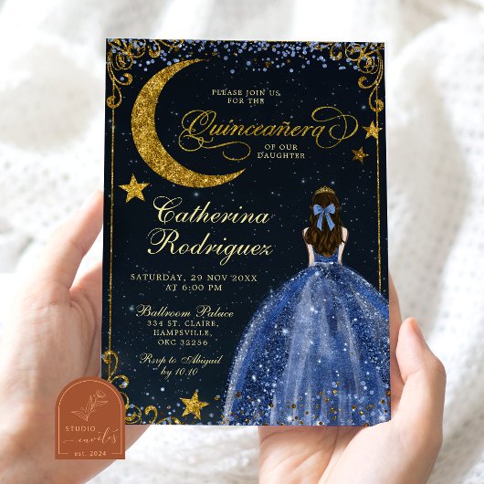 Starry Night Gold and Dark Blue Quinceanera Kaart