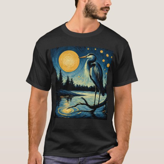 Starry Night Great Blue Heron Van Gogh Bird Lover T-shirt (Voorkant)