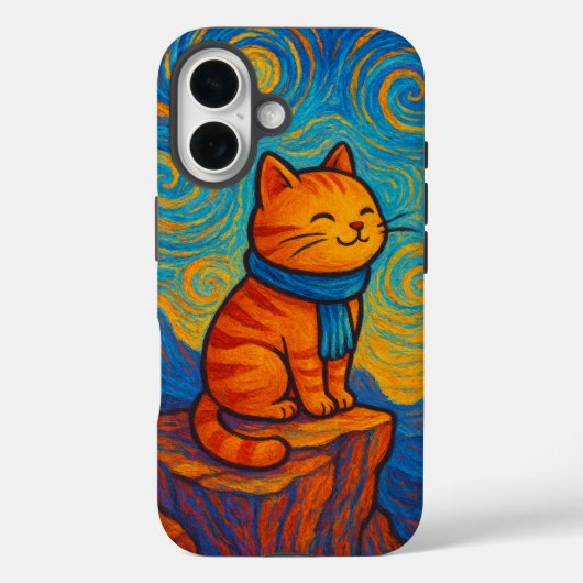 Starry Night Inspired Cat Illustration Phone Case (Achterkant)