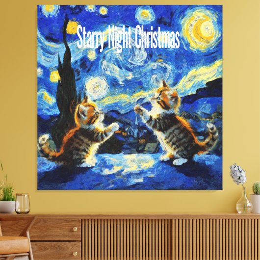 Starry Night Kittymas Christmas Spoof Canvas Afdruk (Insitu (Woonkamer))