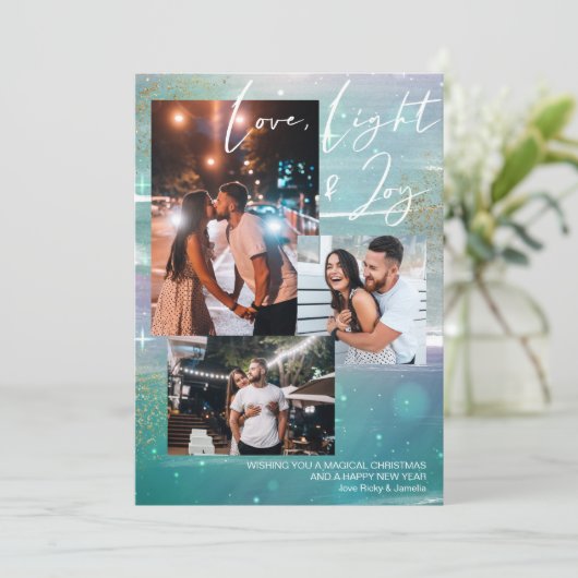 Starry Night Light and Joy 3 Photo Green Feestdagenkaart (Staand voorkant)