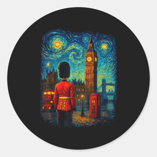 Starry Night London Red Telephone Box Queen's Guar Ronde Sticker (Voorkant)