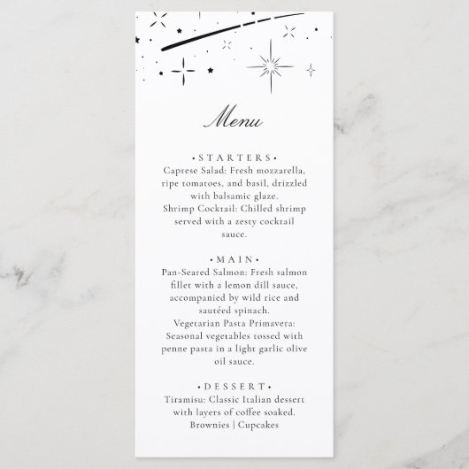 Starry Night Modern Celestial Wedding Dinner Menu (Voorkant)