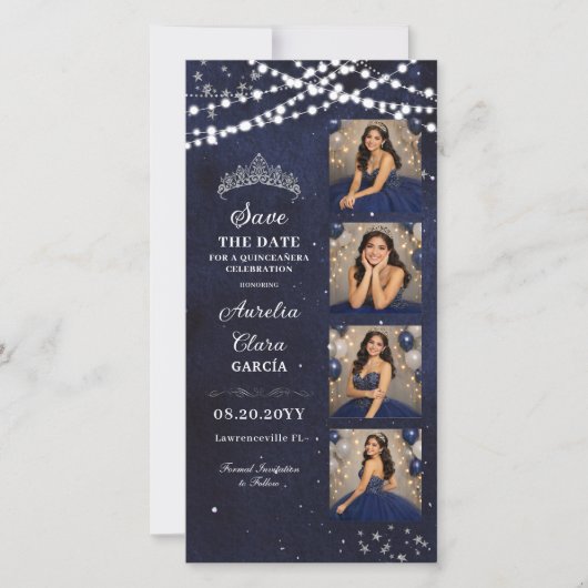 Starry Night Navy Blue Quinceañera Photo Booth Save The Date (Voorkant)