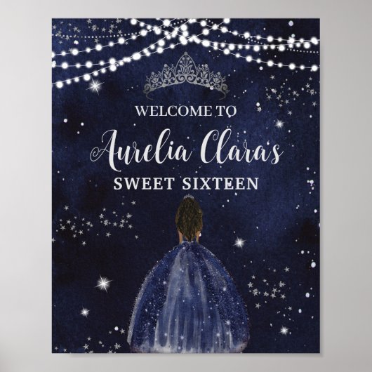 Starry Night Navy Blue Silver Sweet 16 Brown Girl Poster (Voorkant)