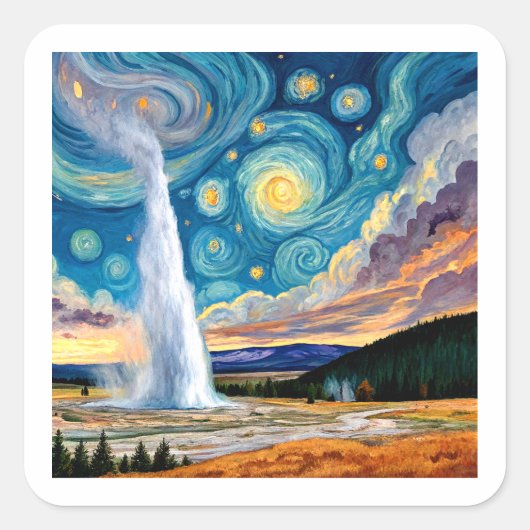 Starry Night Old Faithful Yellowstone Park Vierkante Sticker (Voorkant)