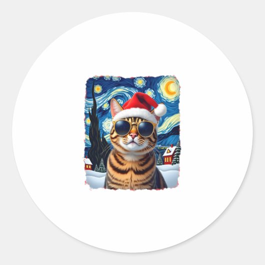 Starry Night Orange Tabby Cat Christmas Ronde Sticker (Voorkant)
