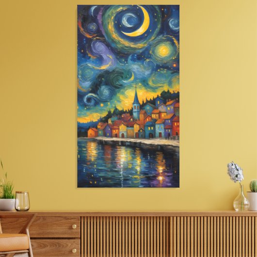 Starry Night Over the Harbor Village Canvas Afdruk (Insitu (Woonkamer))