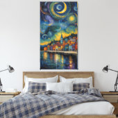 Starry Night Over the Harbor Village Canvas Afdruk (Insitu (Slaapkamer))