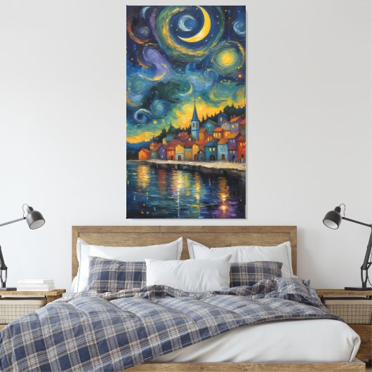 Starry Night Over the Harbor Village Canvas Afdruk (Insitu (Slaapkamer))