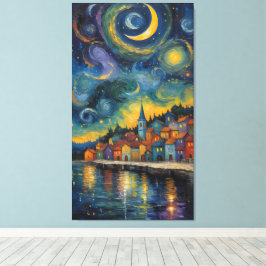 Starry Night Over the Harbor Village Canvas Afdruk