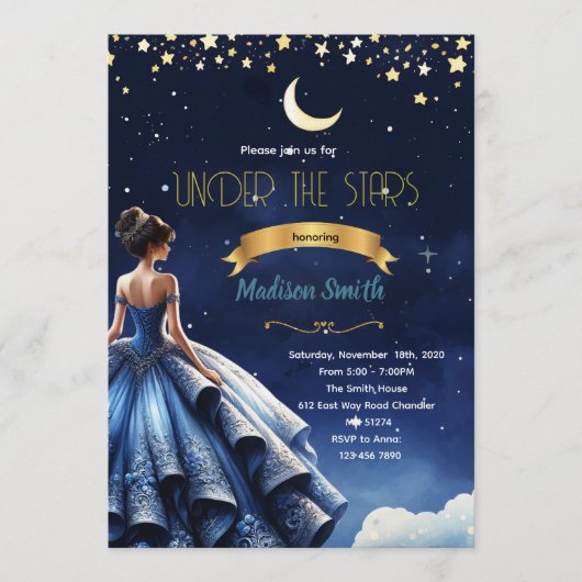 Starry Night Quinceanera party Invitation Kaart (Voorkant)