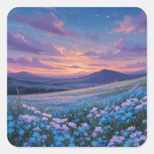Starry Night Sky Over Blue Wildflower Meadow Vierkante Sticker (Voorkant)