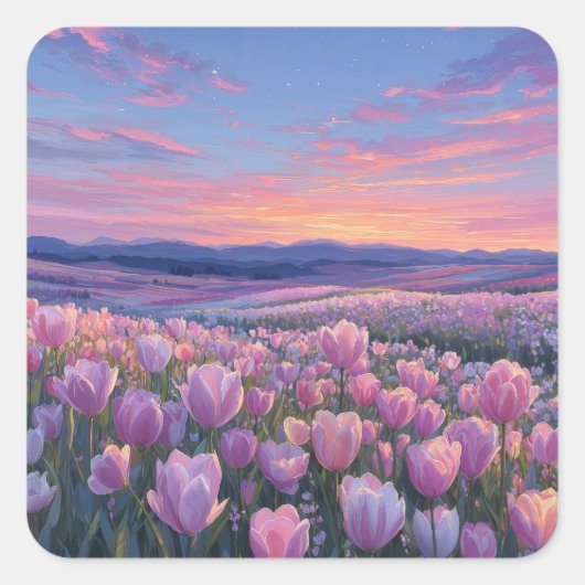 Starry Night Sky Over Pink Tulip Meadow Vierkante Sticker (Voorkant)