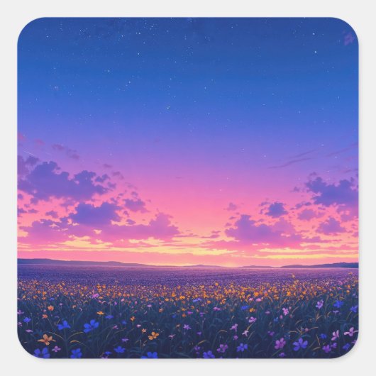 Starry Night Sky Over Purple and Yellow Wildflower Vierkante Sticker (Voorkant)