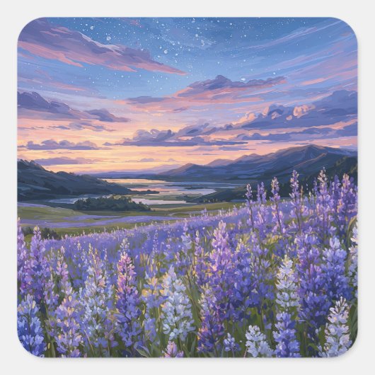 Starry Night Sky Over Purple Lupine Meadow Vierkante Sticker (Voorkant)