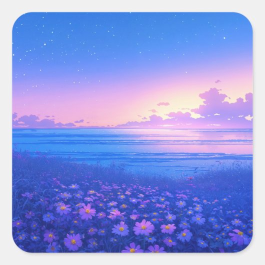 Starry Night Sky over Purple Wildflower Meadow Vierkante Sticker (Voorkant)