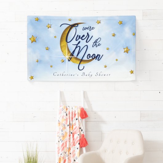 Starry over de Moon Blue Gold Baby Shower Spandoek (Insitu)