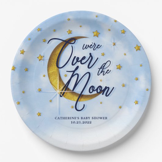 Starry over het Moon Blue Gold Baby shower Papieren Bordje (Voorkant)