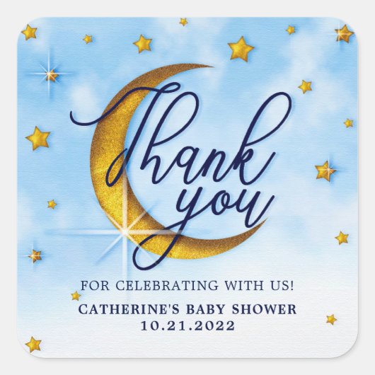 Starry over het Moon Blue Gold Baby shower Vierkante Sticker (Voorkant)