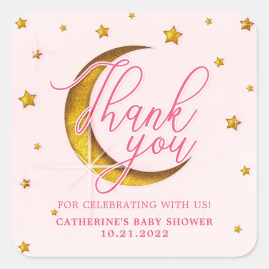Starry over het Moon Pink Gold Baby shower Vierkante Sticker (Voorkant)