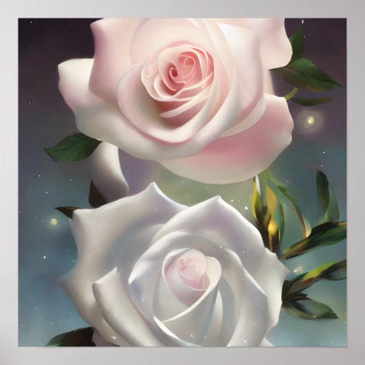 Starry Pastel Pink & White Roses Poster (Voorkant)